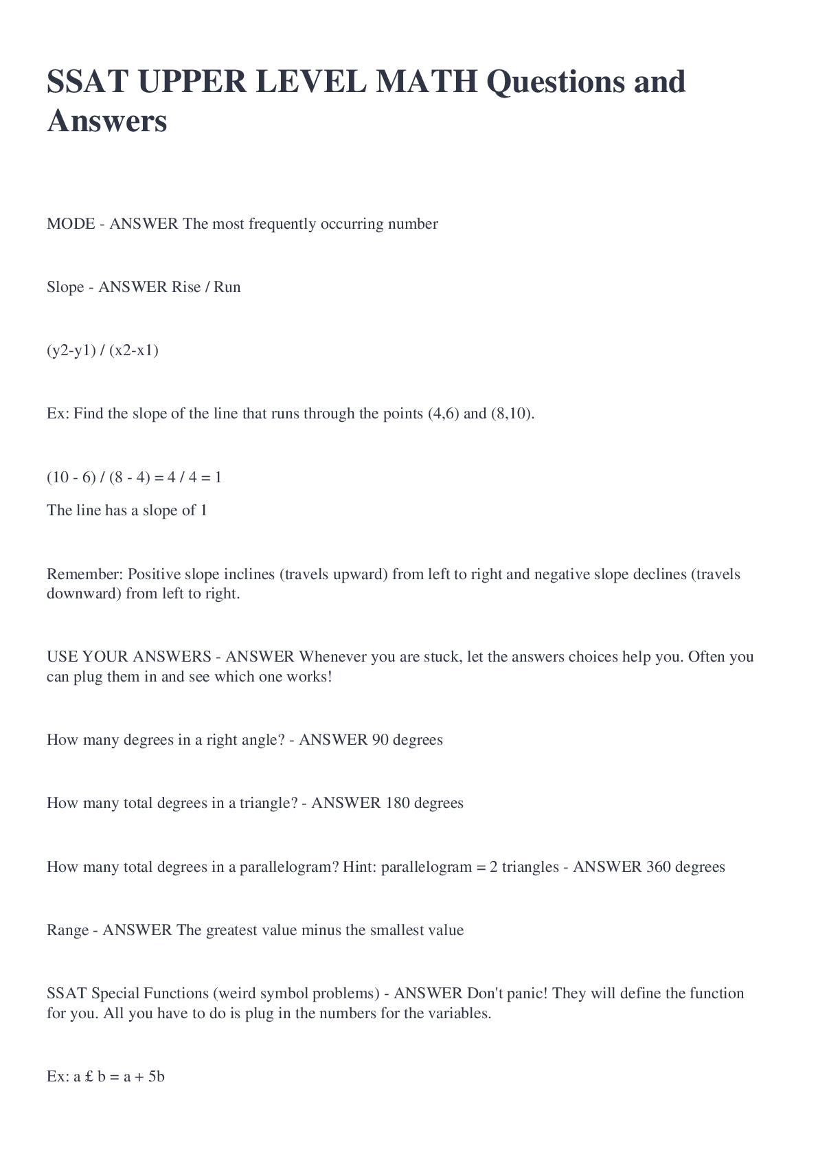 Preview image of SSAT UPPER LEVEL MATH Questions and Answers document